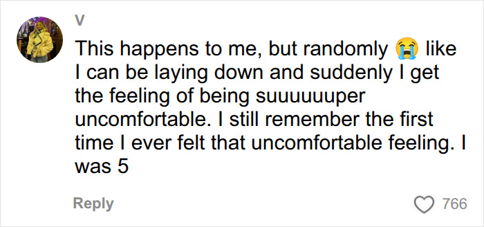 A social media comment by user V about experiencing the sadness trigger syndrome randomly since age 5.