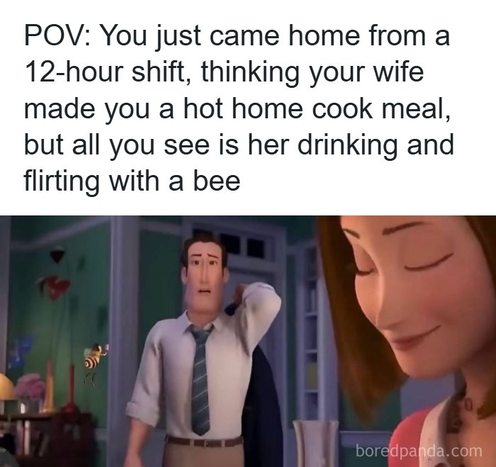 Animated scene showing man surprised by wife flirting with a bee after long work shift