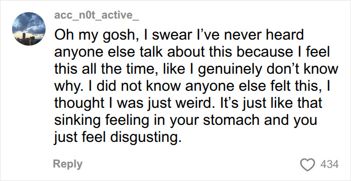 A comment from a user realizing others experience the sadness trigger syndrome, feeling weird and disgusting.