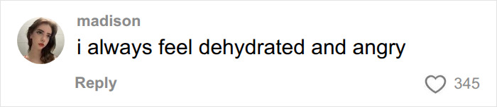 A user comment saying they always feel dehydrated and angry, related to sadness trigger syndrome.