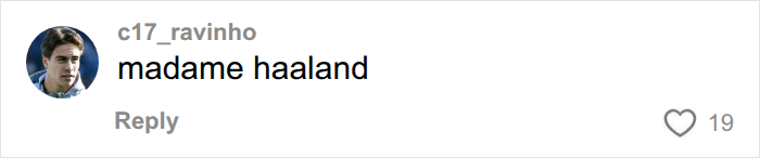 A social media comment from c17_ravinho comparing the Norwegian soccer star's hair to Madame Haaland. A social media comment from c17_ravinho comparing the Norwegian soccer star's hair to Madame Haaland.