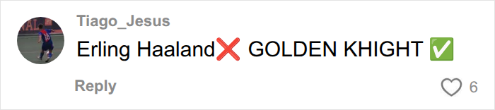 A social media comment comparing Norwegian soccer star Erling Haaland to a golden knight, highlighting his hair. A social media comment comparing Norwegian soccer star Erling Haaland to a golden knight, highlighting his hair.
