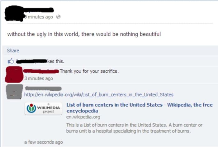 A Facebook post with a savage burn linking to a list of burn centers in the US.