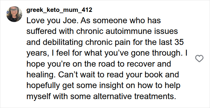 A social media comment expressing empathy for Joe Manganiello's mystery illness and chronic pain.