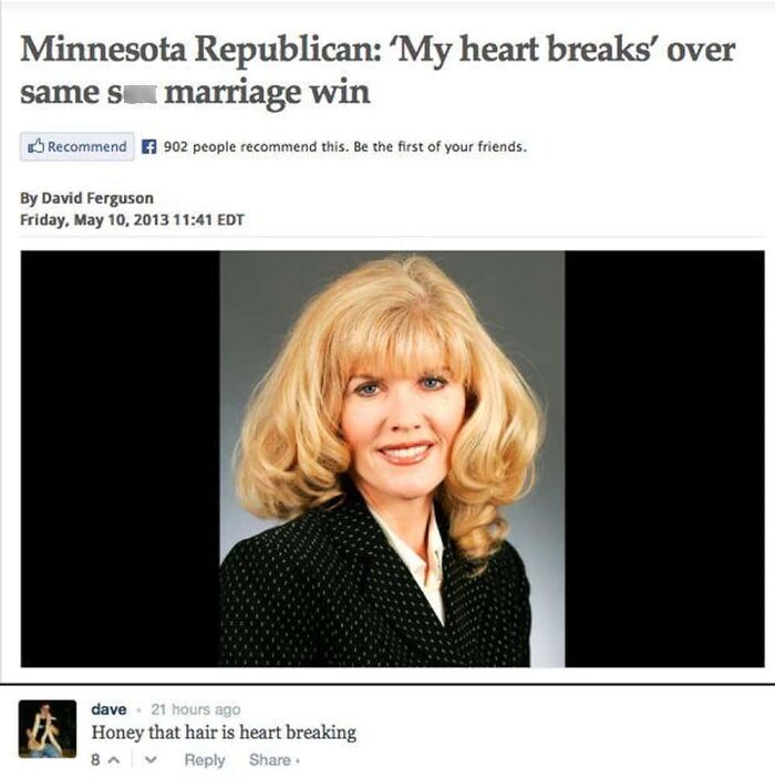 A screenshot showing a hilarious burn in the comments section of a news article about a Minnesota Republican and marriage.