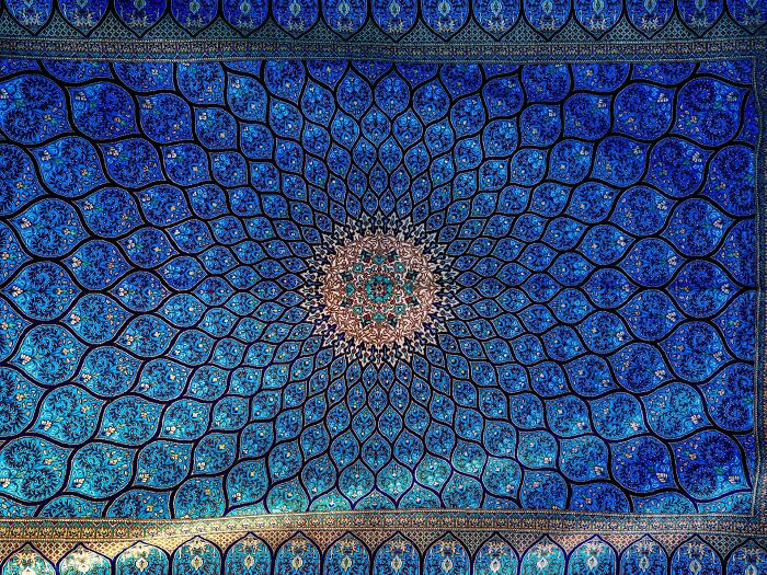 Blue-toned Persian tile ceiling with floral geometric patterns