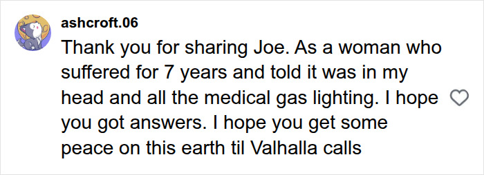 A social media comment from ashcroft.06, empathizing with Joe Manganiello's mystery illness and brutal side effects.
