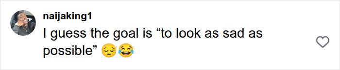A social media comment from 'naijaking1' saying, 'I guess the goal is to look as sad as possible' with emojis.