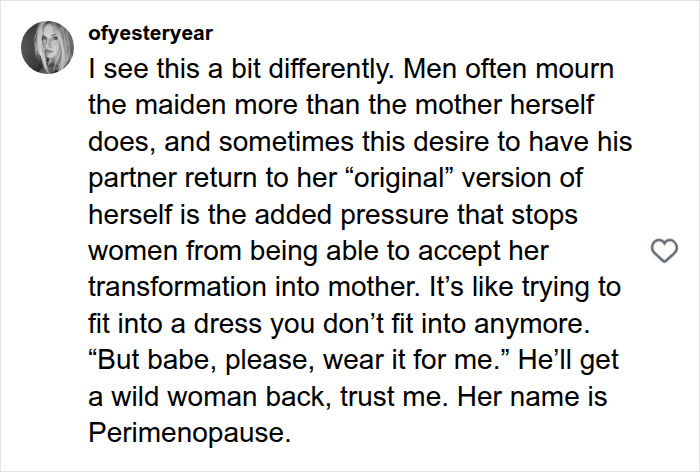 A social media comment from ofyesteryear discussing how dads mourn the maiden, affecting wives after having kids.