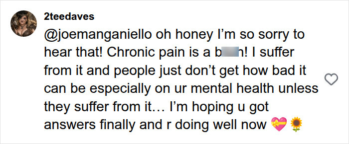 A comment from 2teedaves discussing chronic pain and hoping Joe Manganiello found answers for his mystery illness.