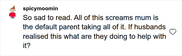 A social media comment from spicymoomin highlighting wives as the default parent and asking what dads do to help after having kids.