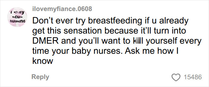 A social media comment warning against breastfeeding if experiencing the sadness trigger syndrome due to DMER.