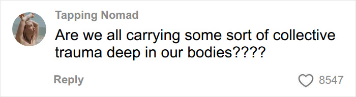 A social media comment pondering if the sadness trigger syndrome is linked to collective trauma in bodies.