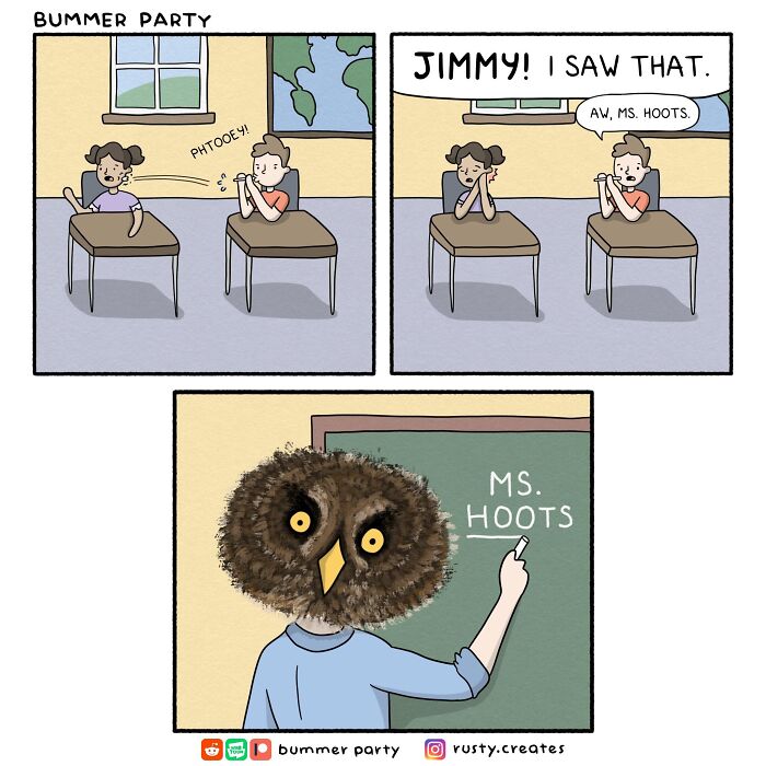 Quirky humor comic with a teacher, Ms. Hoots (an owl), scolding a student for spitting in class.