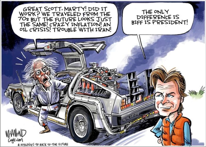 Dave Whamond comic featuring Doc Brown and Marty McFly reacting to their time travel, capturing human nature regarding the future.