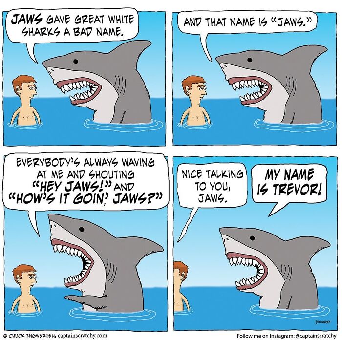 A comic strip where a shark named Trevor complains about being called Jaws, illustrating funny animals.