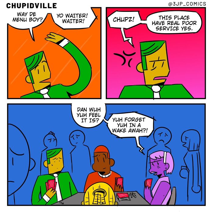 A bright and funny comic strip capturing everyday moments, showing a man complaining about poor service at a wake.