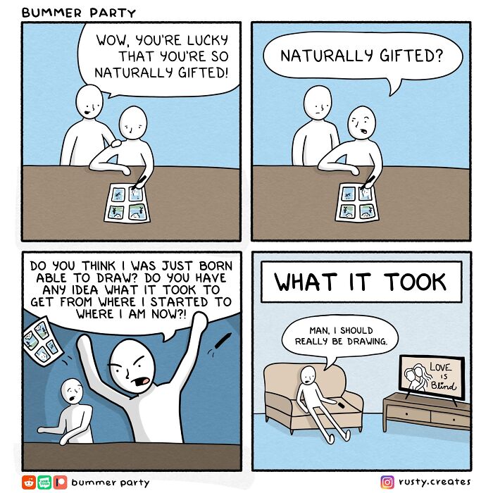 Quirky humor comic about an artist explaining the hard work behind their 'naturally gifted' drawing skills.