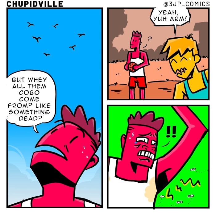 A bright comic strip showing the chaos of everyday moments, with a character noticing a flock of birds and then reacting to something on his arm.