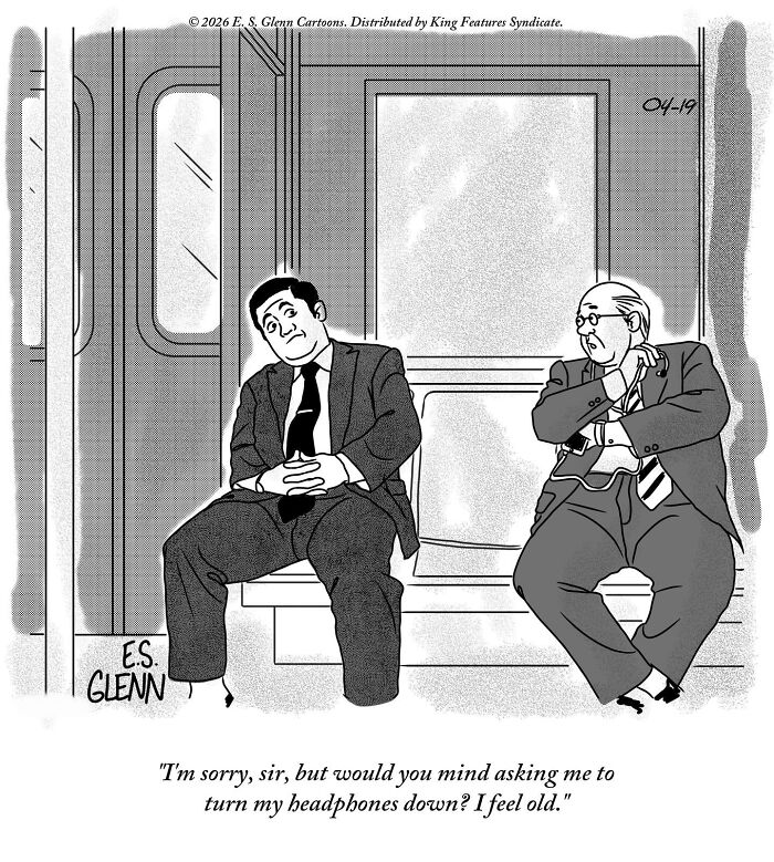 Funny single-panel comic by E.S. Glenn showing two men on a subway, one asking to turn down headphones.
