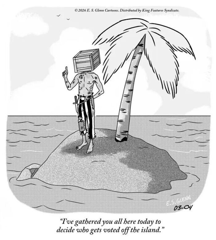 Funny single-panel comic by E.S. Glenn depicting a castaway with a box for a head on a small island.