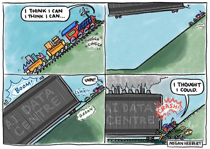 A funny comic illustrates a train labeled Renewables, Households, and Industry struggling to pull a heavy load uphill, then crashing into a large coal power plant.