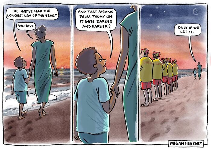 A funny comic panel shows a parent and child walking on a beach at sunset, discussing the longest day of the year and the darker days to come, with lifeguards in the background.