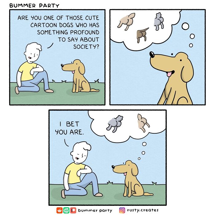 Weird twists comic featuring a man asking a dog about profound societal thoughts while the dog dreams of treats.
