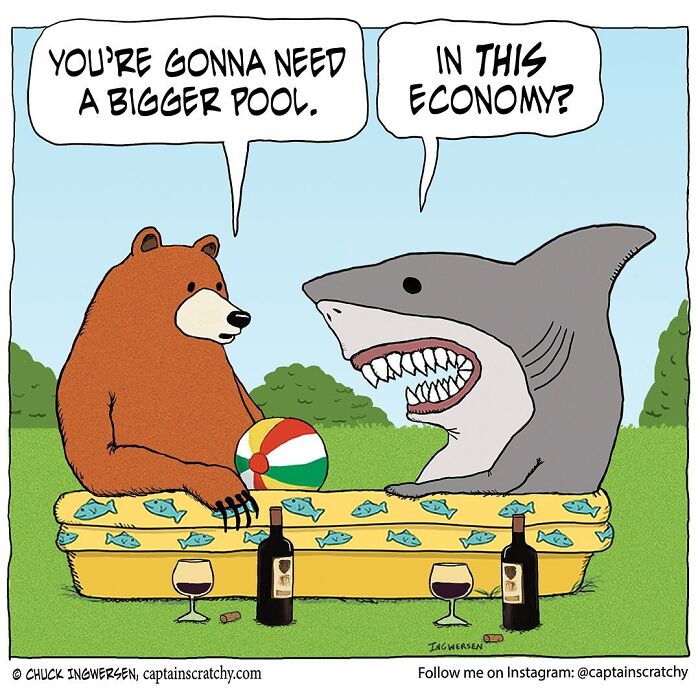 A comic of a bear and shark in a tiny pool, the shark saying, In this economy? showcasing funny animals.