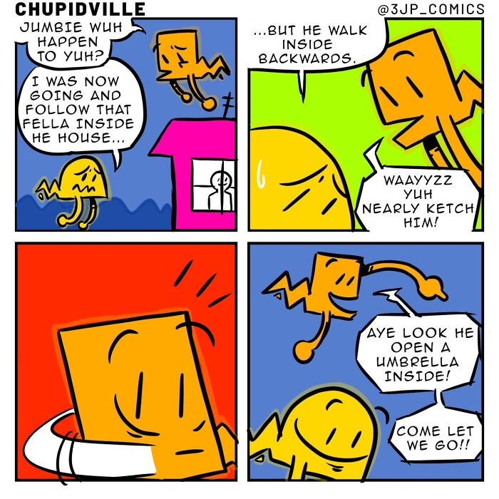 A funny comic strip depicting the chaos of everyday moments, with characters reacting to a person walking backward indoors and opening an umbrella.