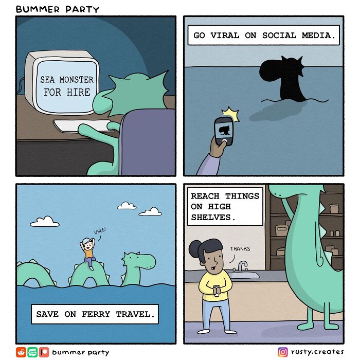Quirky humor comic about a sea monster hired for various tasks, including social media, ferry travel, and reaching high shelves.