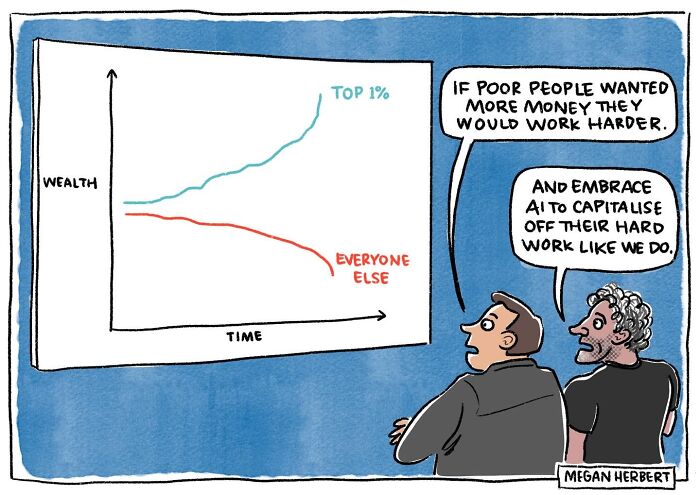 A funny comic depicts a wealth vs. time graph, with two men discussing how poor people should work harder and embrace AI.