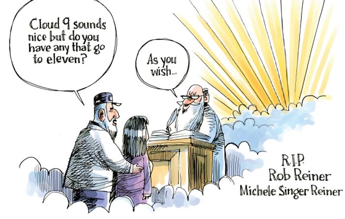 Clever comic by Dave Whamond showing a couple arriving in heaven, asking for Cloud 11 instead of 9, capturing human nature.