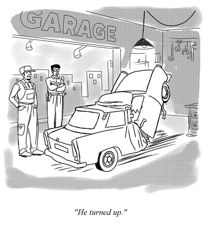 Funny single-panel comic by E.S. Glenn showing two mechanics looking at a car comically crashed into a garage.