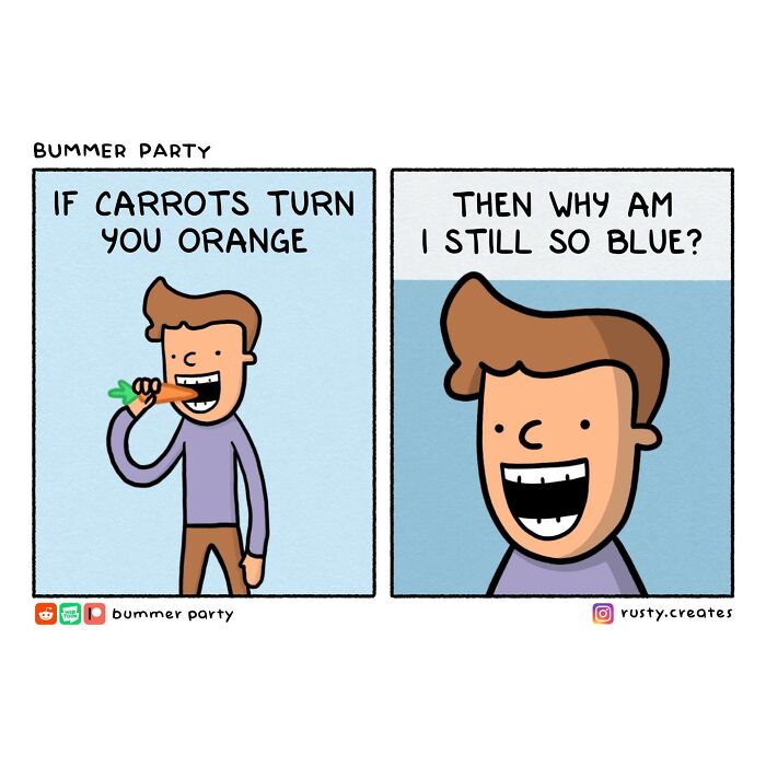 New comics by this artist with quirky humor: A man eats a carrot, wondering why he's still blue.