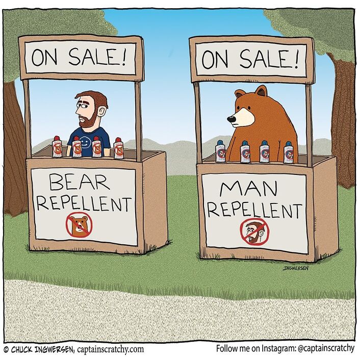 A comic showing a man selling bear repellent and a bear selling man repellent, featuring funny animals.