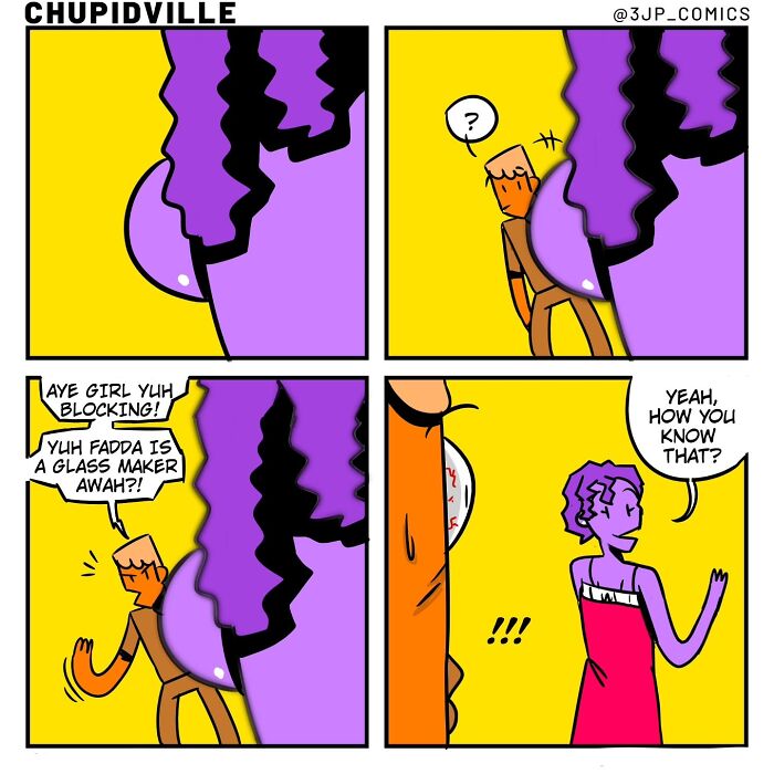 A comic strip capturing the chaos of everyday moments as a person is surprised by someone who knows their father is a glassmaker.