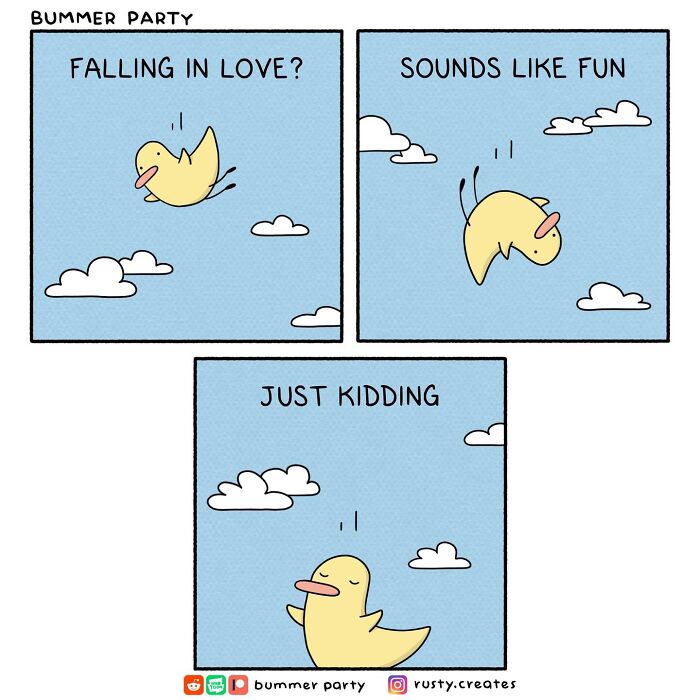 New comics by this artist packed with quirky humor, as a duck flies then tumbles, with a silly laugh about falling in love.