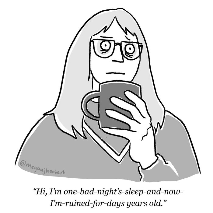 A funny comic by a multitalented cartoonist illustrating a tired person with glasses and a mug, feeling ruined after bad sleep.