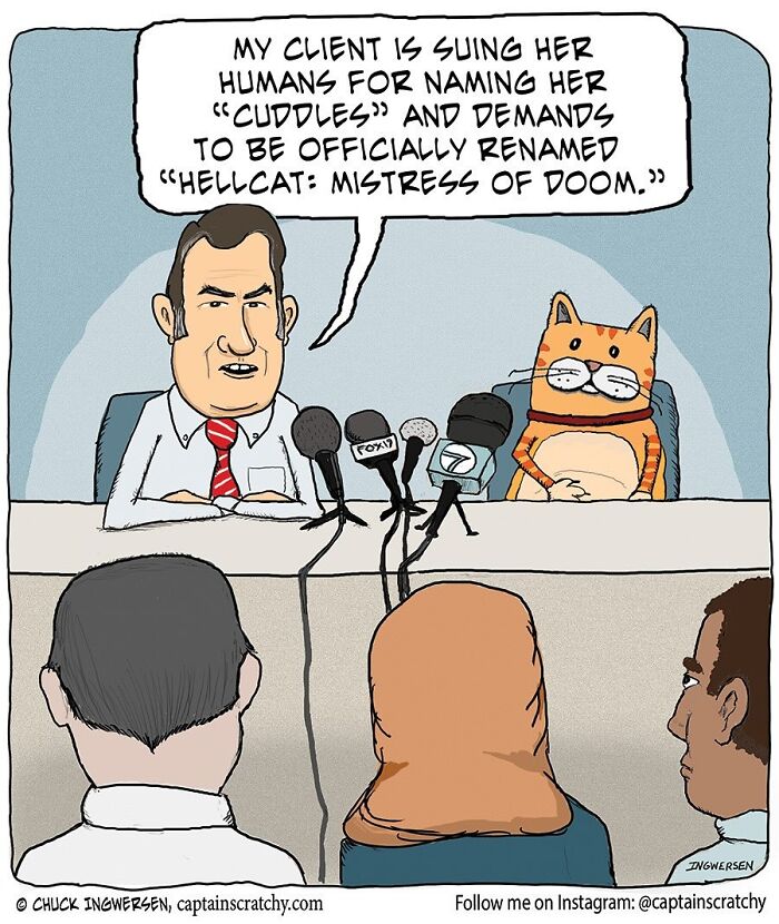 Captain Scratchy comic depicting funny animals, a cat in court with its lawyer suing humans for its name.