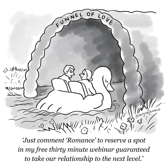A funny comic by a multitalented cartoonist showing a couple in a swan boat under a Funnel of Love arch.