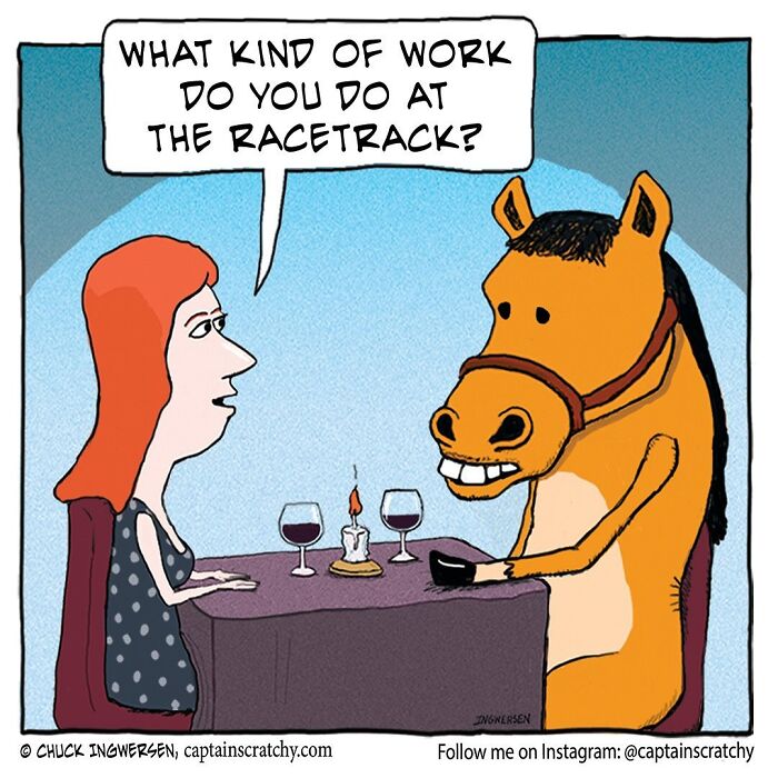 Captain Scratchy comic with a funny animal, a horse on a date, being asked about its work at the racetrack.