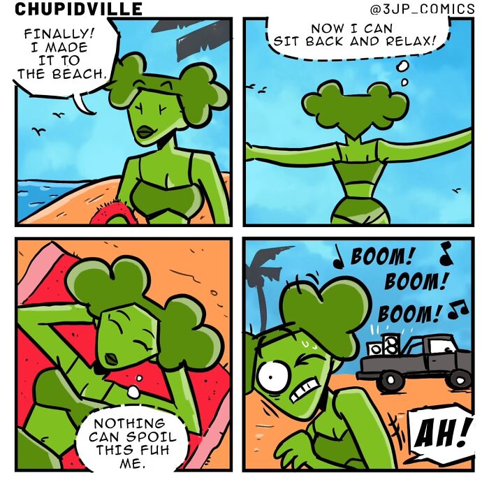 A bright and funny comic showing a person trying to relax on a beach, but loud music interrupts the peaceful everyday moments.