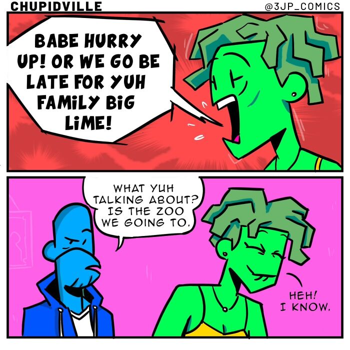 A funny comic strip showing a couple discussing being late for a family gathering, part of everyday moments.