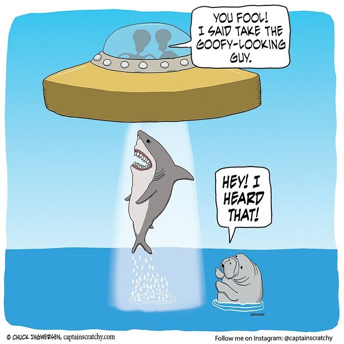 A comic by Captain Scratchy with animals in funny situations: aliens abducting a shark while a manatee watches.