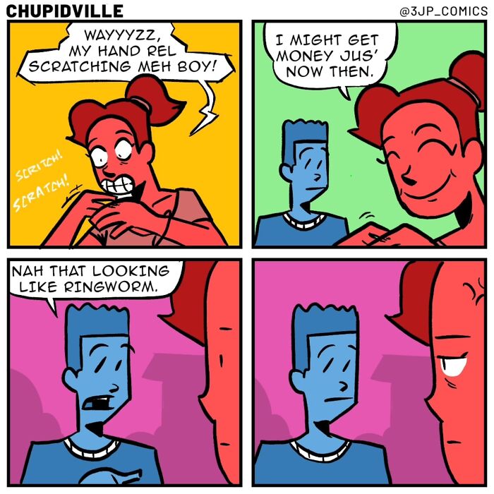 A humorous cartoon comic depicting a person scratching their hand and discussing ringworm, capturing funny everyday moments.