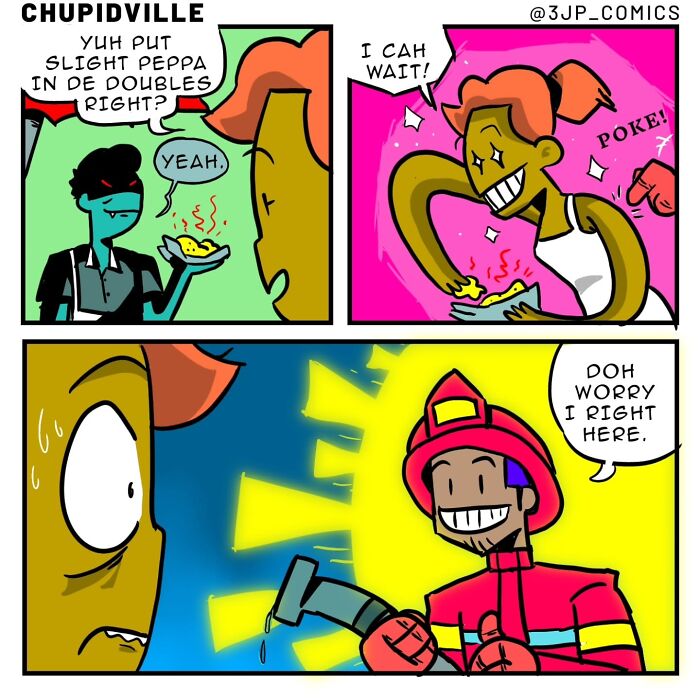 A funny comic strip depicting everyday moments, showing someone adding too much spice to food, then a fireman appearing.