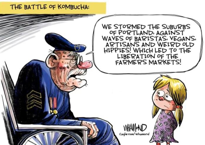 Clever comic by Dave Whamond titled The Battle of Kombucha, showing a veteran telling a story to a child, capturing human nature.