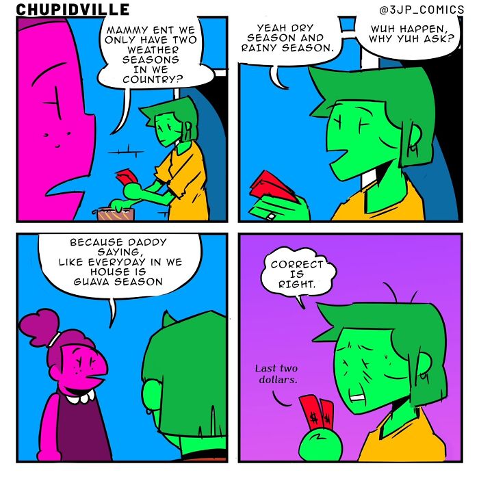 A colorful cartoon comic about a child asking about weather seasons and guava season, showing funny everyday moments.