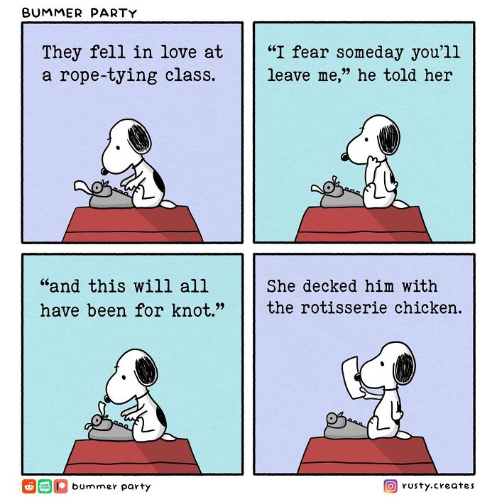 A comic strip about Snoopy's quirky humor in a rope-tying class, with a pun about knot and a rotisserie chicken.